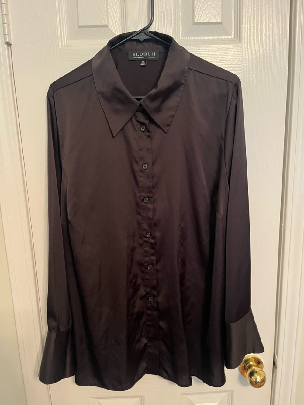 ELOQUII Satin Feel Long Sleeve Black Button-Down Shirt